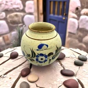 Delightful Round Beige and Blue Flower-Patterned Mexican Ceramic Vase